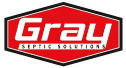 Logo for Gray Septic Solutions featuring the company name in bold white text on a red, black-outlined hexagonal background.