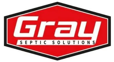 Logo for Gray Septic Solutions featuring the company name in bold white text on a red, black-outlined hexagonal background.