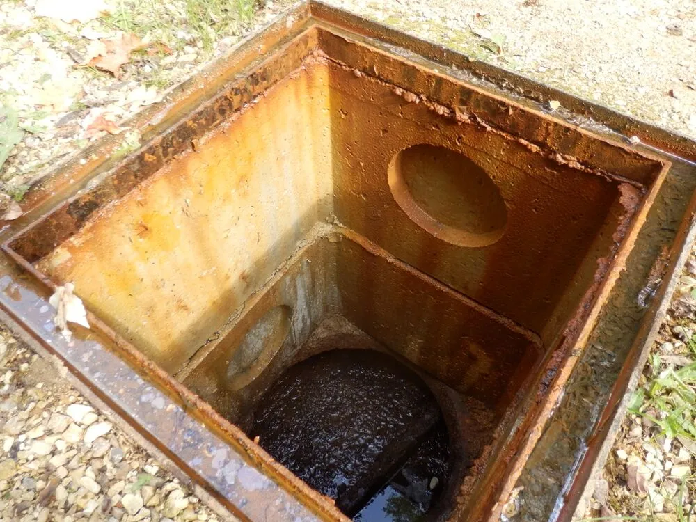 A close-up view of an open, rusty metal utility or sewer drain with circular pipe openings on the sides and debris at the bottom.