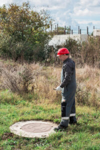Septic technician checking an electrical control box