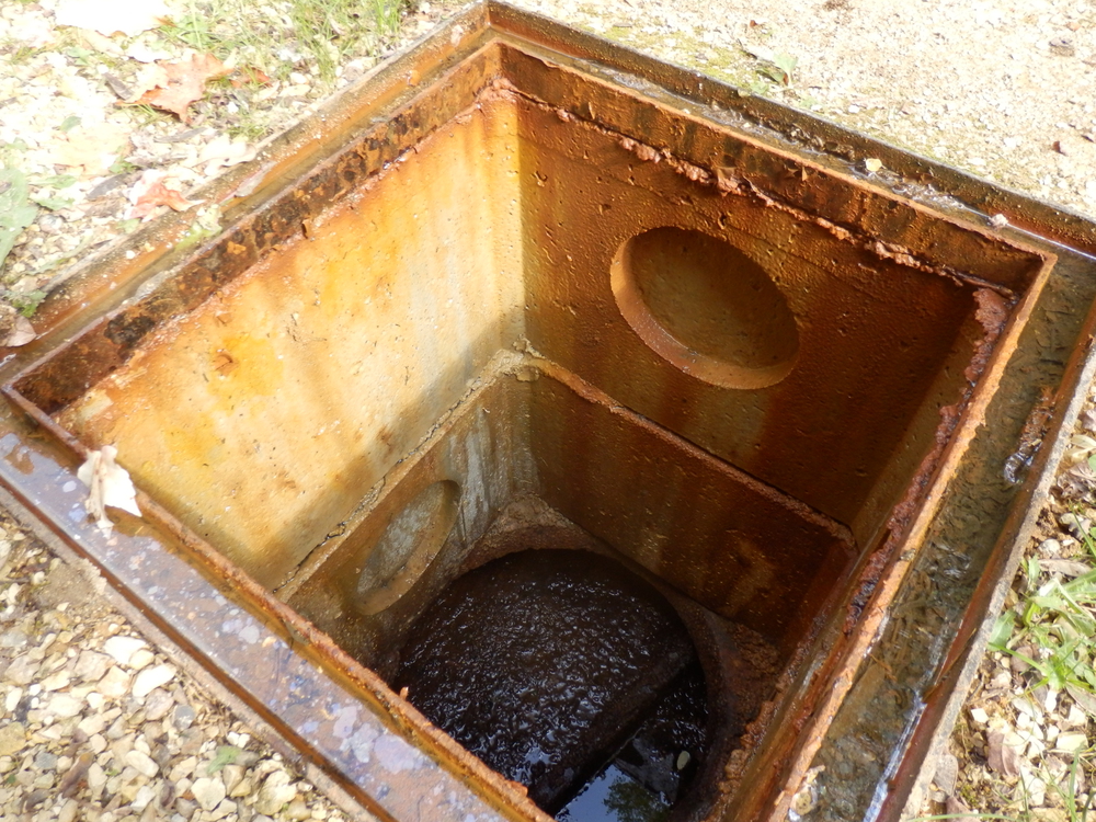 A close-up view of an open, rusty metal utility or sewer drain with circular pipe openings on the sides and debris at the bottom.