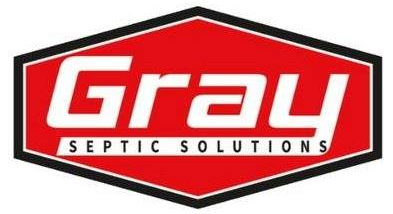 Logo for Gray Septic Solutions featuring the company name in bold white text on a red, black-outlined hexagonal background.